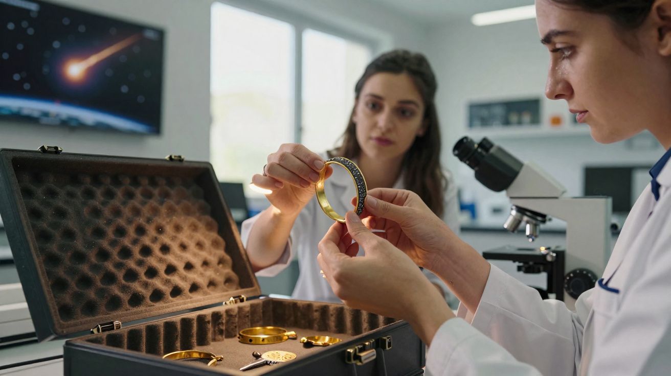Duas mulheres em laboratório analisam um bracelete dourado com pedras numa mala acolchoada.