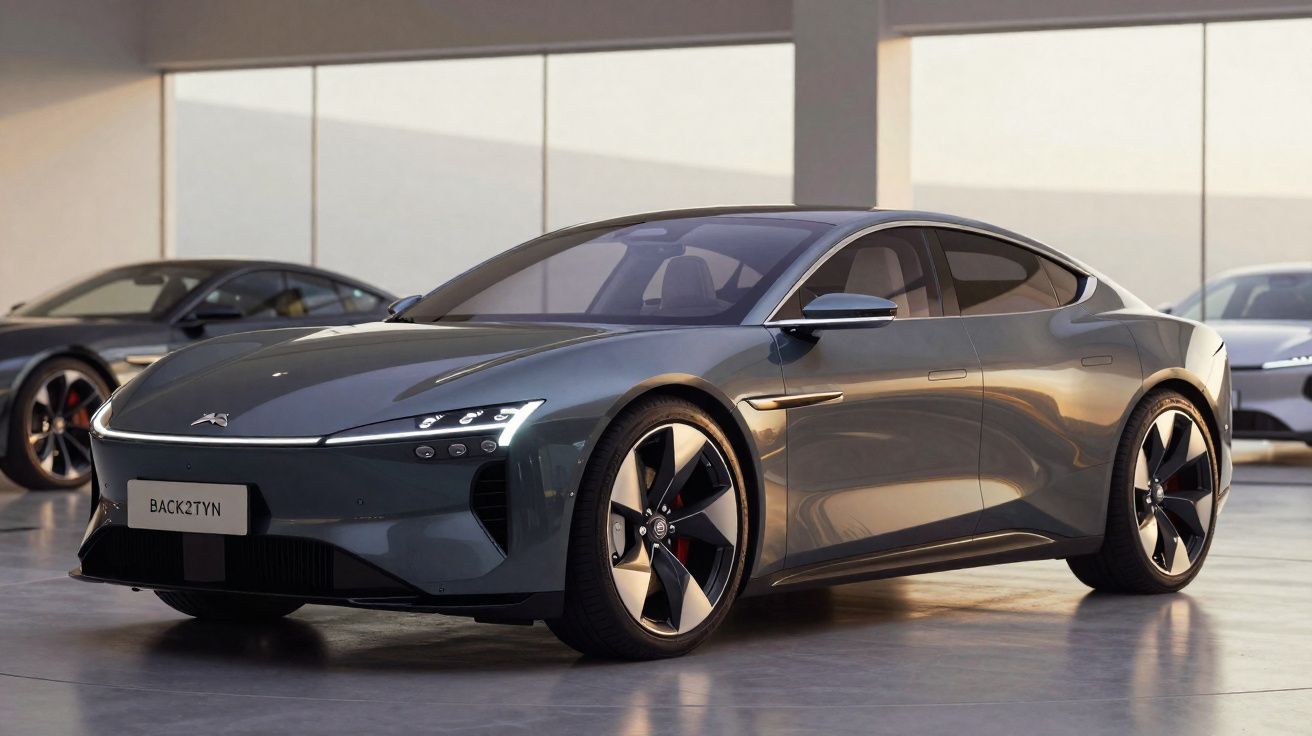 Carro desportivo elétrico cinzento escuro em exposição num espaço interior moderno com grande janelas.