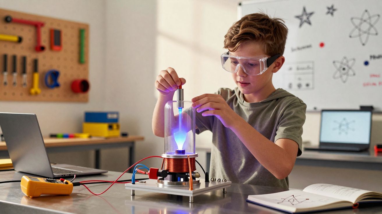 Menino com óculos de proteção a realizar experiência científica com equipamento elétrico numa sala de aula.