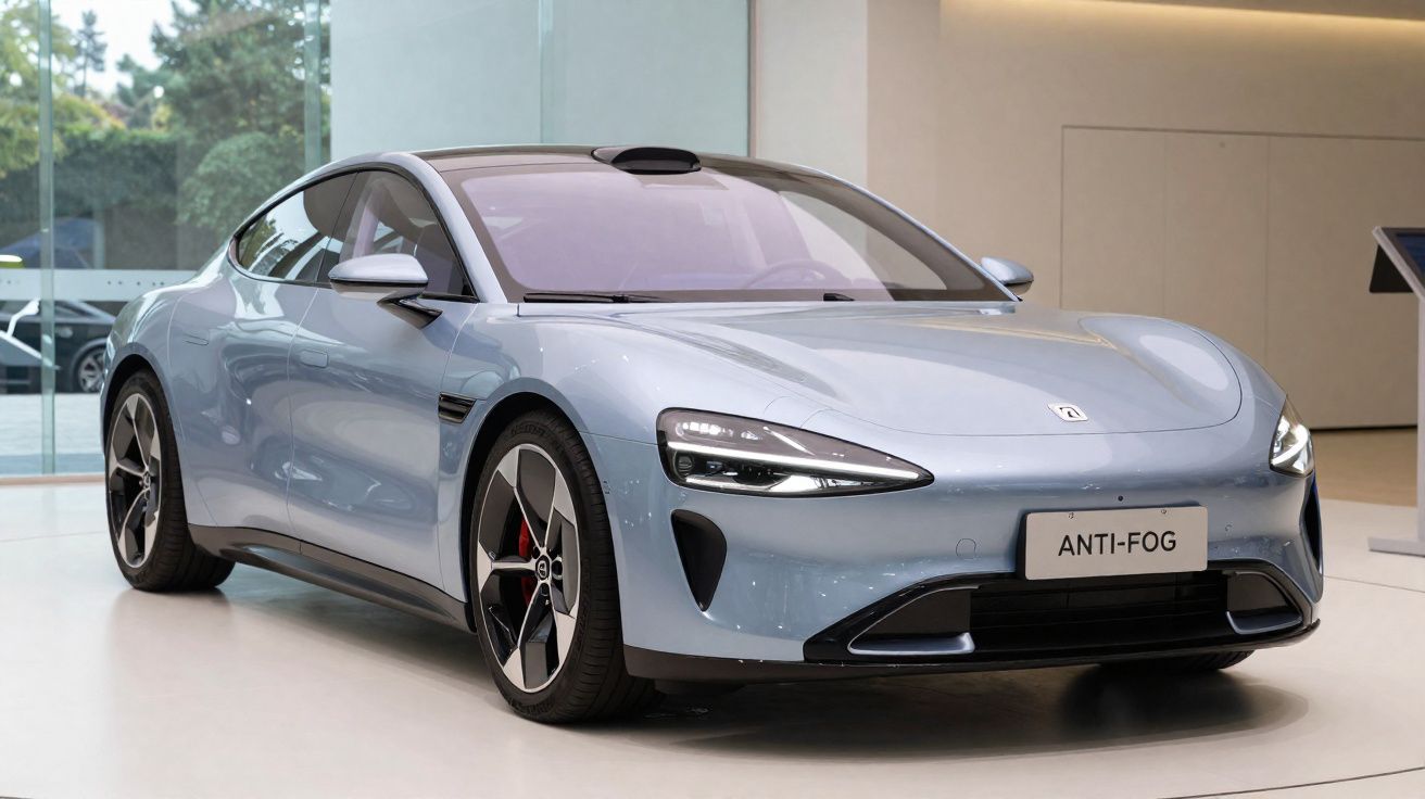 Carro elétrico desportivo prateado numa exposição moderna com iluminação interior suave.