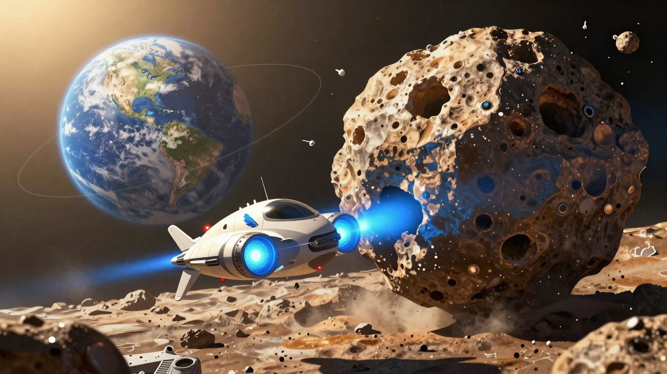 Nave espacial futurista a cavar um grande asteroide com a Terra ao fundo no espaço sideral.