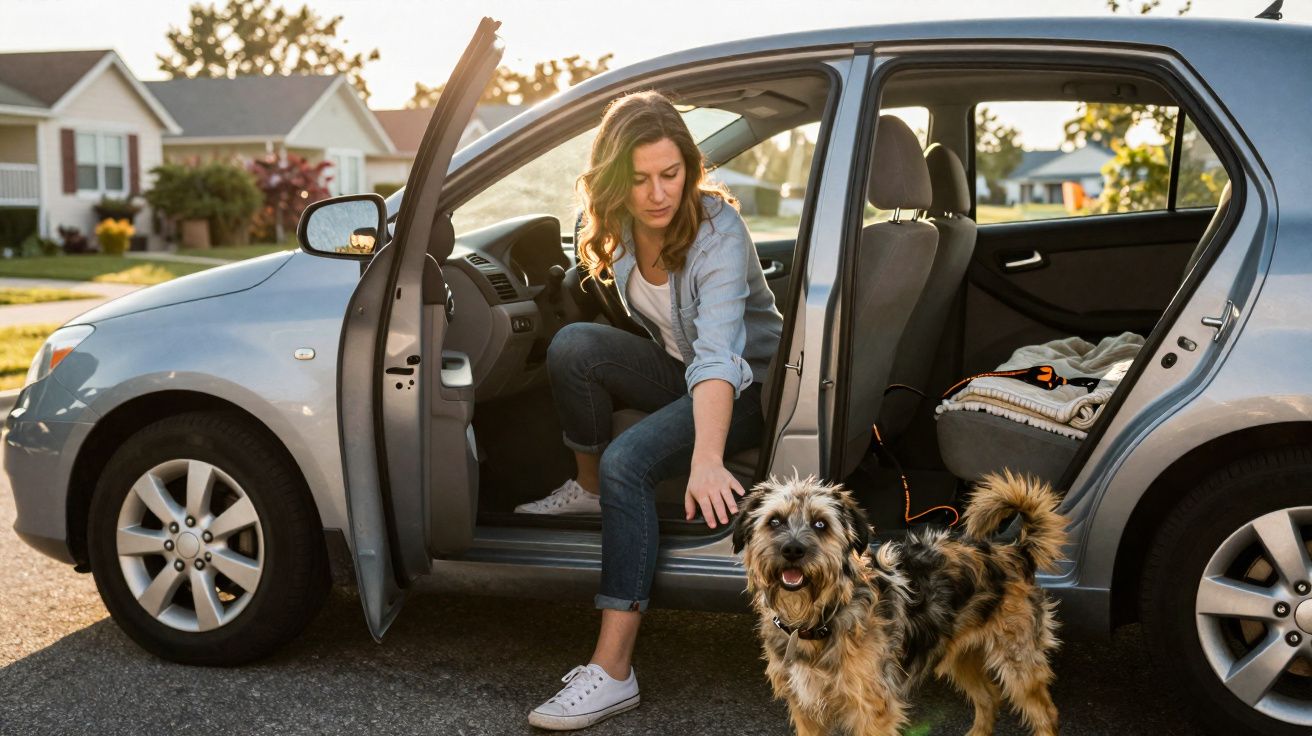 Mulher sai de carro e abana mão para cão alegre na rua de bairro residencial ao pôr do sol.