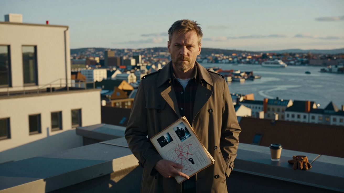 Homem sério com casaco comprido segura quadro com mapa e fotos, num terraço com vista para a cidade e rio ao fundo.