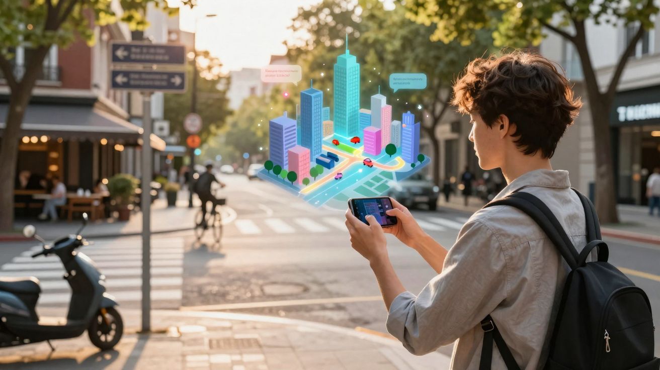 Jovem numa rua urbana a usar smartphone com realidade aumentada a mostrar cidade virtual em 3D.