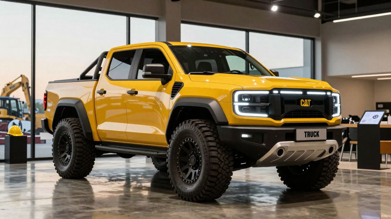 Pick-up amarela CAT com pneus grandes exposta numa sala moderna com janelas amplas.