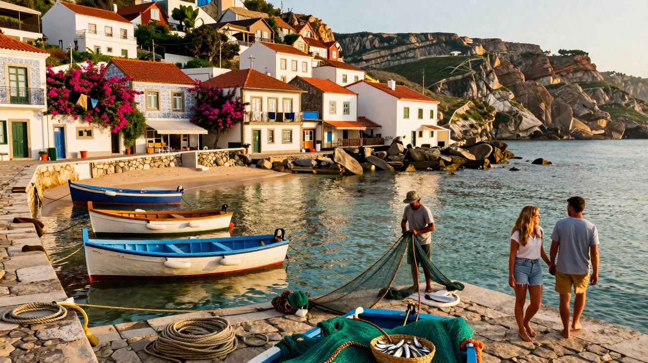 Pescador a arrumar redes e casal a passear junto a barcos e casas brancas numa vila costeira ao pôr do sol.