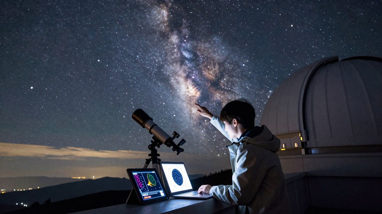 Pessoa a observar a Via Láctea com telescópio e computadores num observatório astronómico à noite.