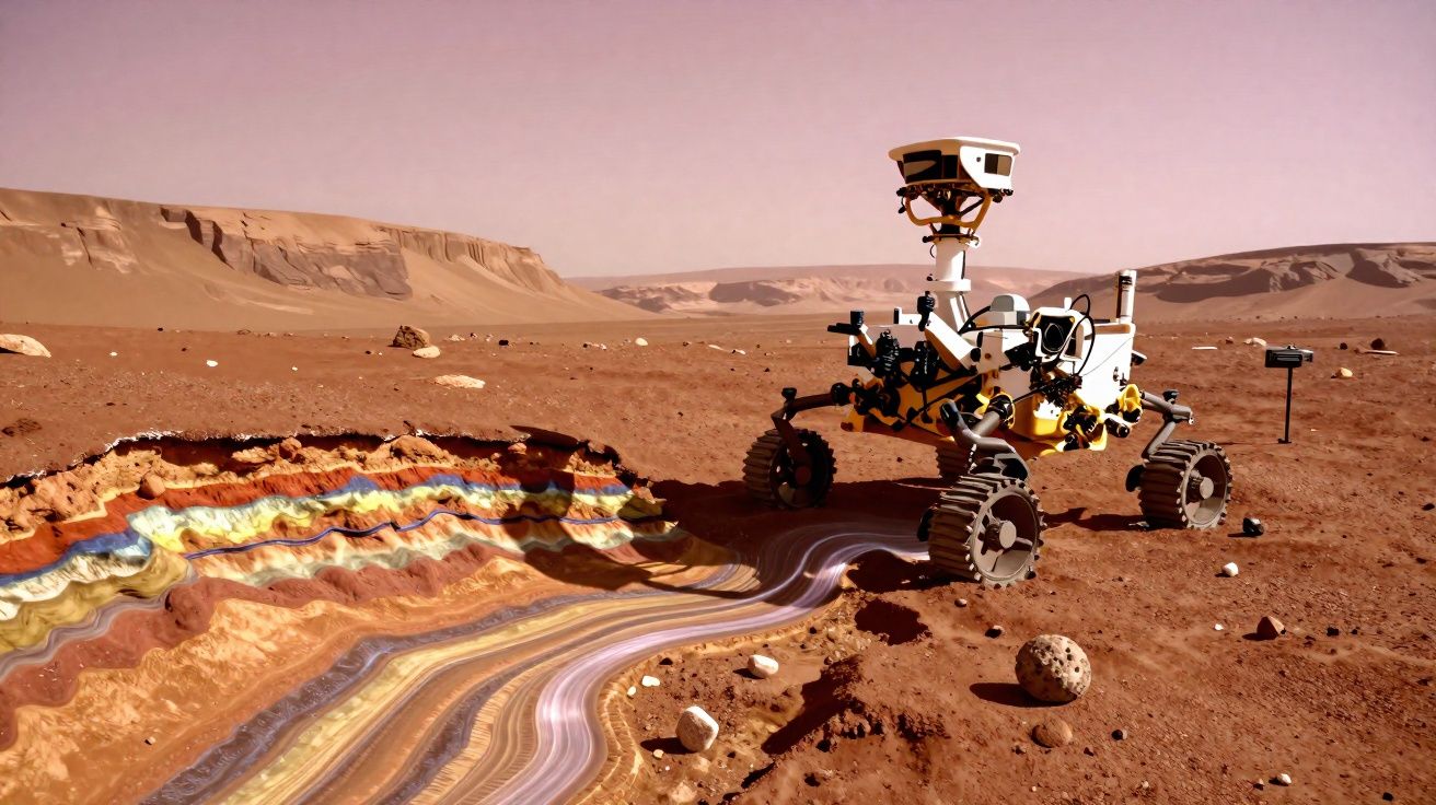 Rover a explorar a superfície de Marte com camadas coloridas visíveis no solo marciano.