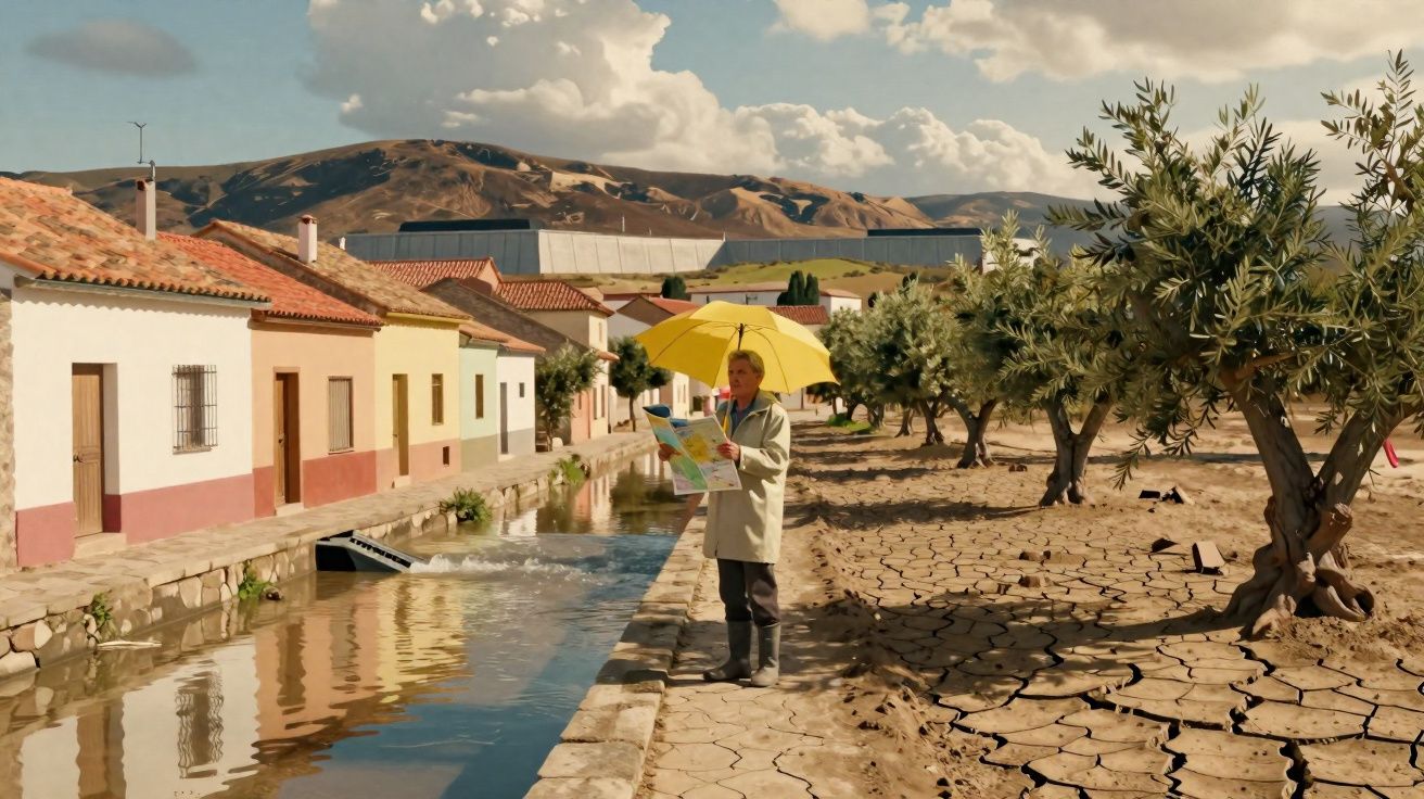 Pessoa com guarda-chuva amarelo lê um mapa junto a um canal de água, com chão seco e árvores a um lado.