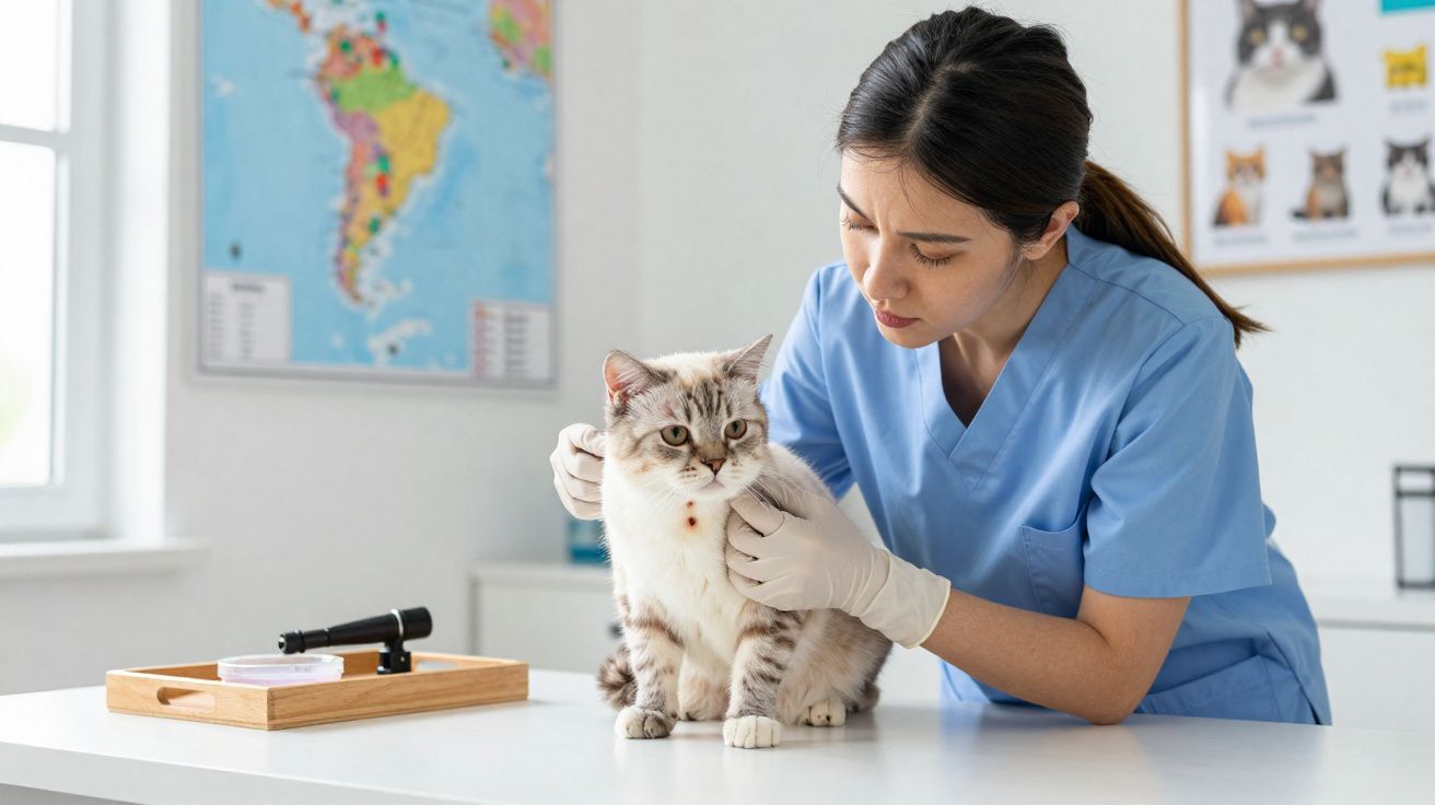 Veterinária de luvas examina gato cinzento num consultório com mapa na parede e materiais na mesa.