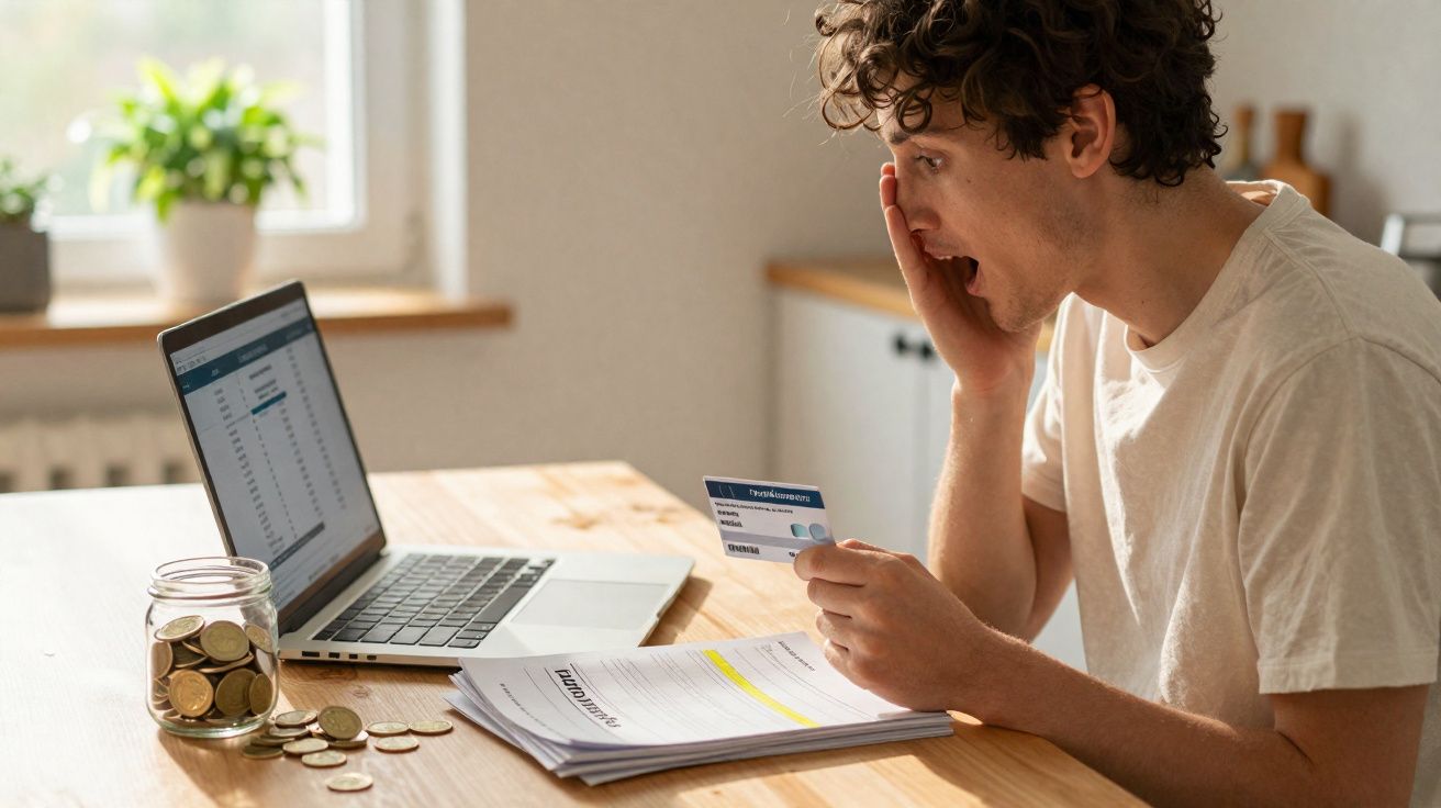Homem surpreendido verifica fatura, segurando cartão de crédito com laptop, moedas e documentos na mesa.