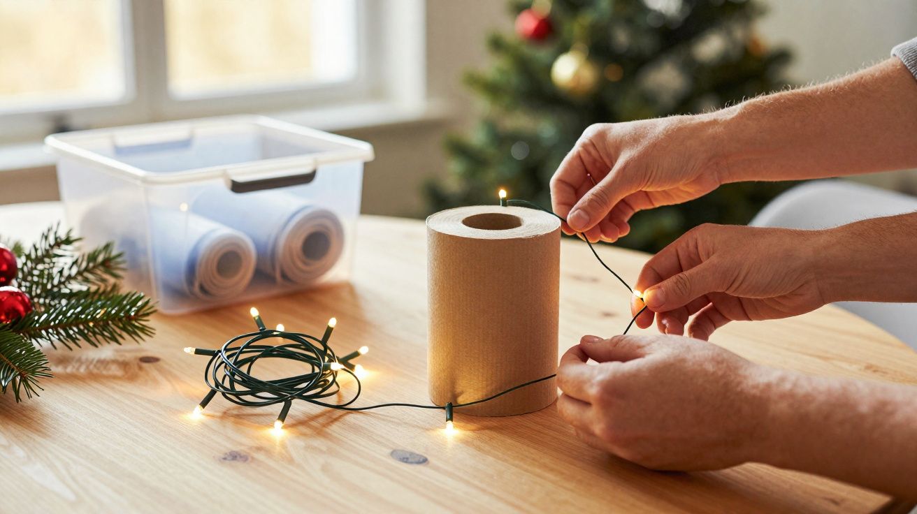 Mãos a enrolar luzes de Natal numa bobina de papel castanho sobre uma mesa de madeira com árvore desfocada ao fundo.