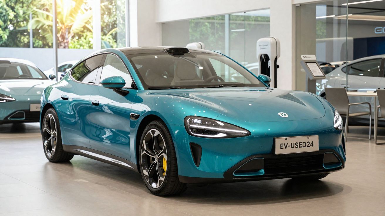 Carro elétrico azul turquesa estacionado numa concessionária moderna com grande janela e chão polido.