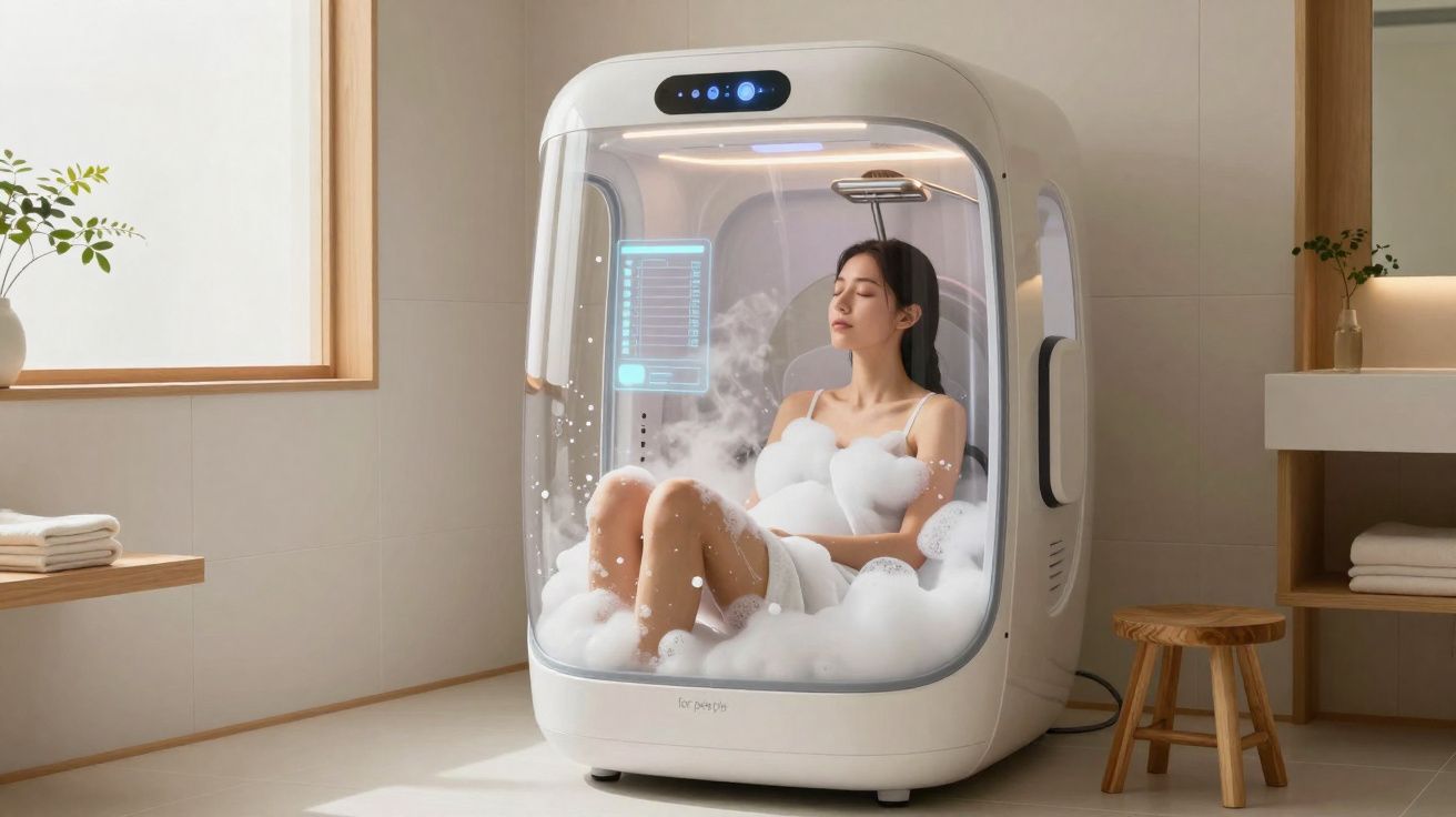 Mulher relaxa dentro de cápsula futurista de banho de espuma numa casa de banho moderna e luminosa.