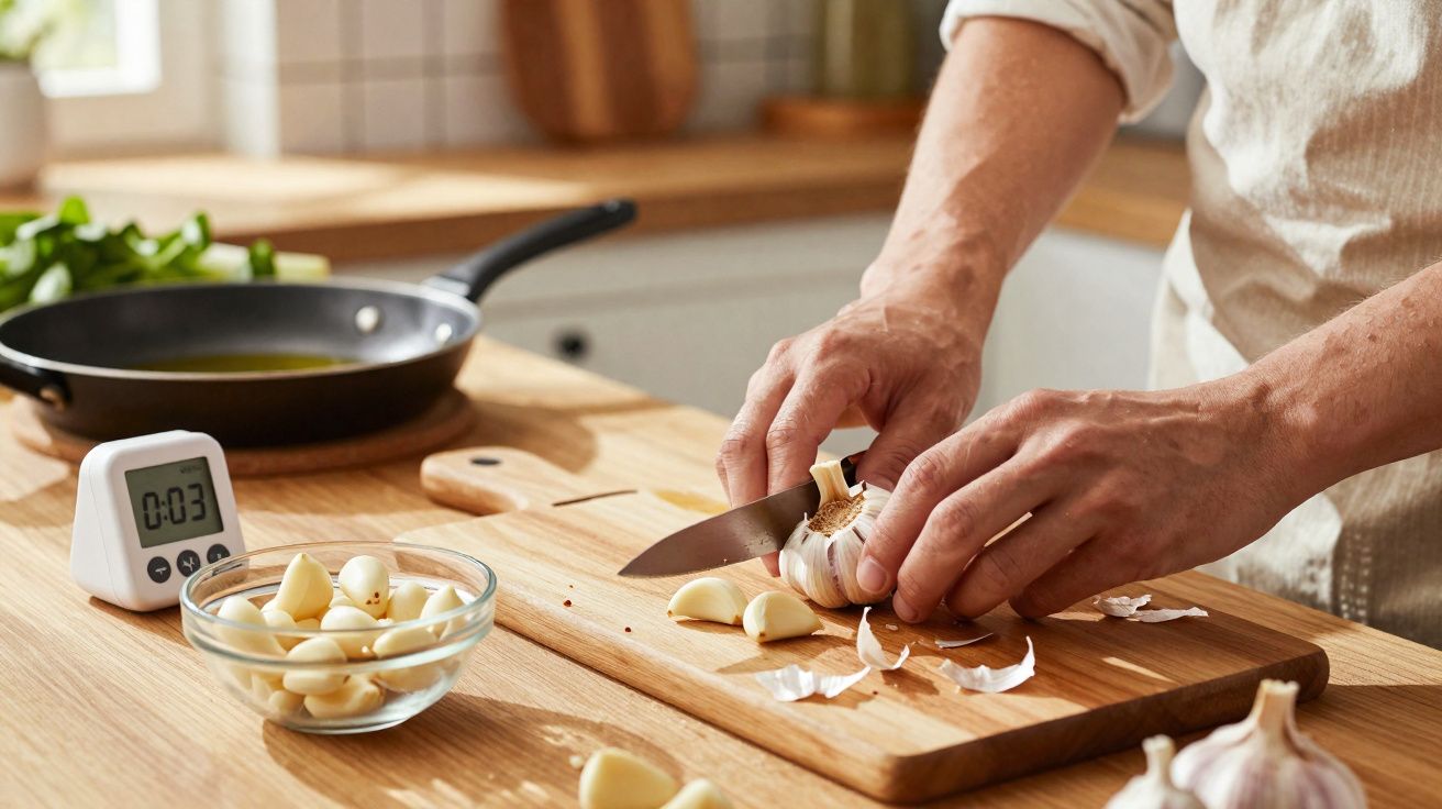 Pessoa a descascar e a cortar dentes de alho numa tábua de cortar numa cozinha.