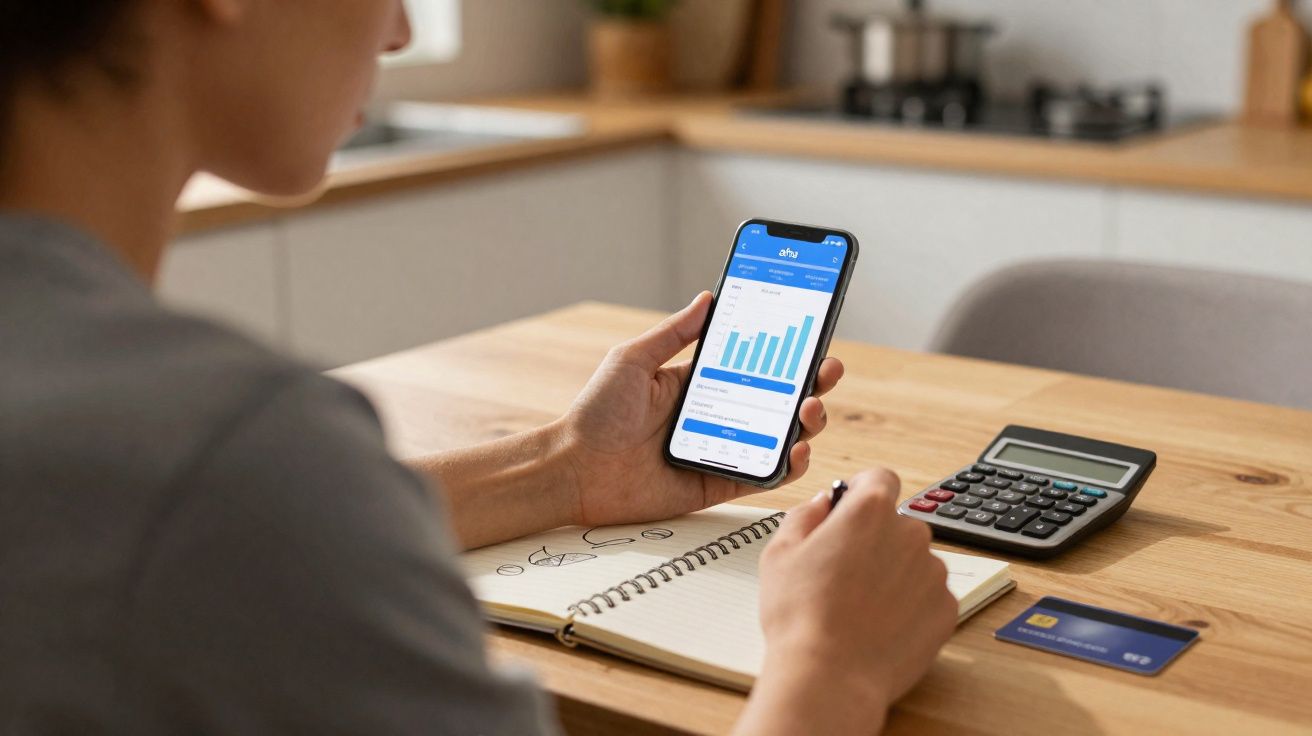 Pessoa a consultar gráficos financeiros numa app de smartphone enquanto escreve num caderno na cozinha.