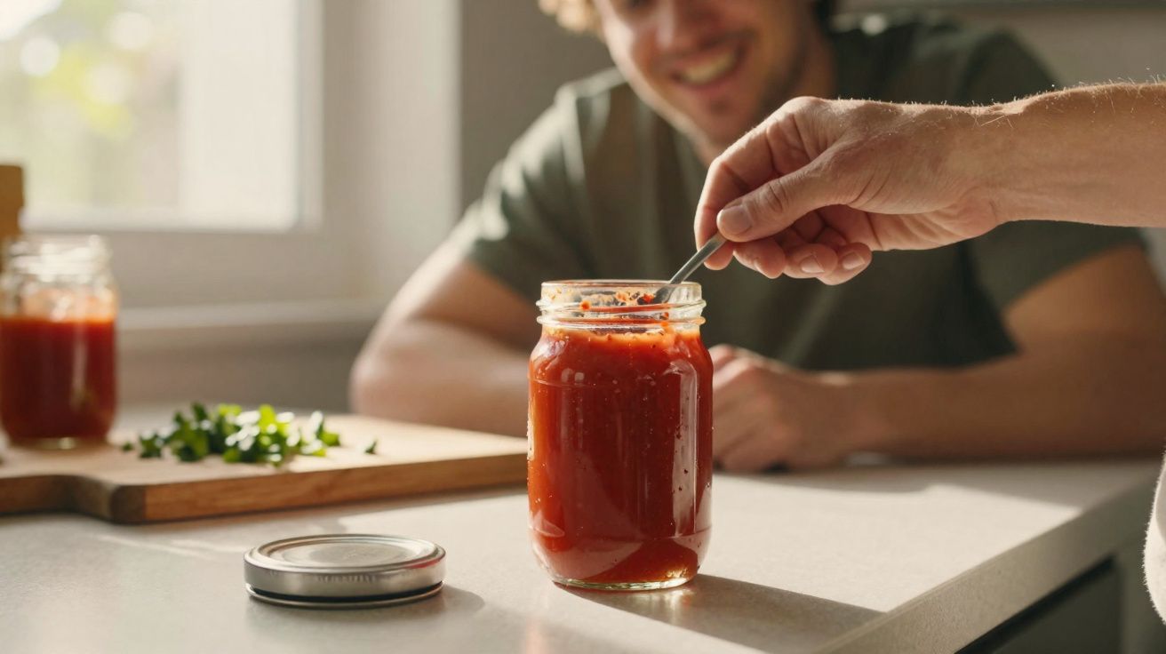 Frasco aberto com molho vermelho e mão a mexer com colher, jovem ao fundo sorridente na cozinha.