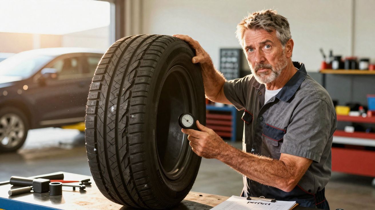 Homem numa oficina a medir a pressão de um pneu com manómetro, com carro desfocado ao fundo.