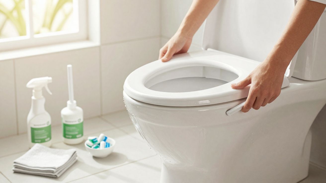 Pessoa a levantar a tampa de uma sanita branca num banheiro limpo com produtos de limpeza ao lado.