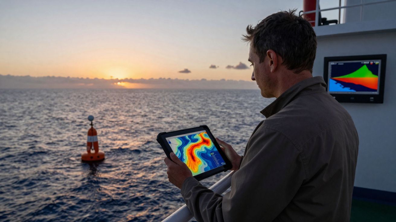 Homem no convés de um barco ao pôr do sol, a analisar dados coloridos num tablet com bóia no mar.