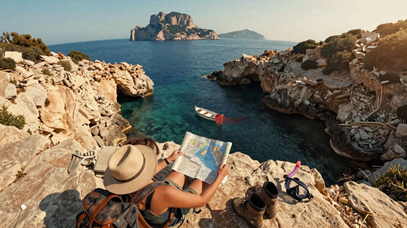 Pessoa com chapéu sentada em rochas a ler um mapa, com barco no mar azul e ilha ao fundo ao pôr do sol.
