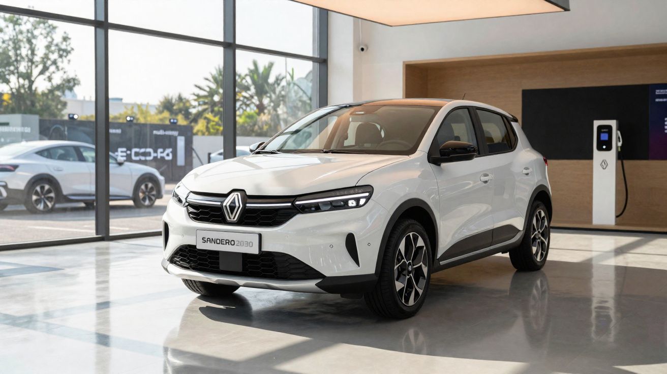 Automóvel Renault Sandero 2030 branco exposto em salão moderno com recarregador elétrico ao fundo.