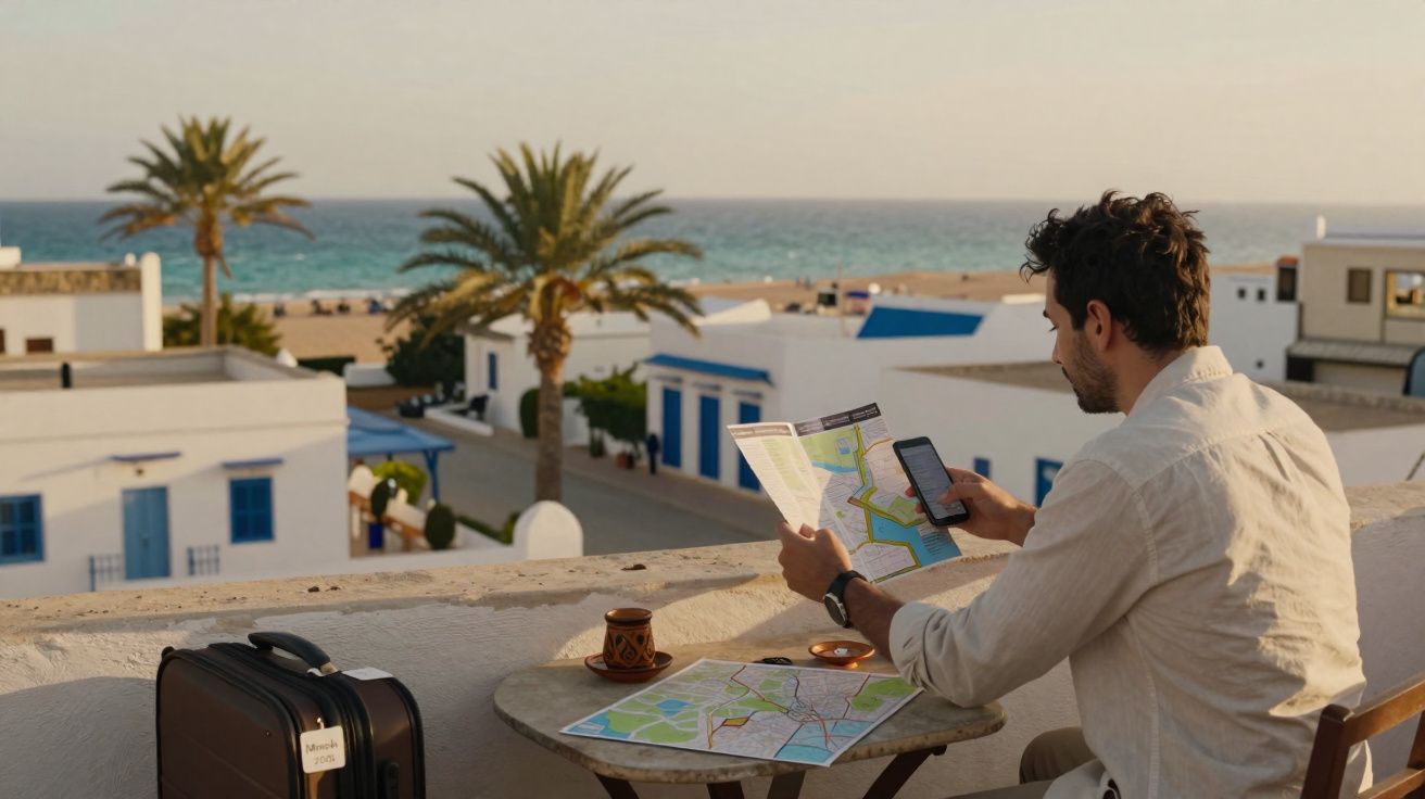 Homem sentado numa varanda a consultar mapas e telemóvel, com vista para casas brancas, palmeiras e mar ao fundo.