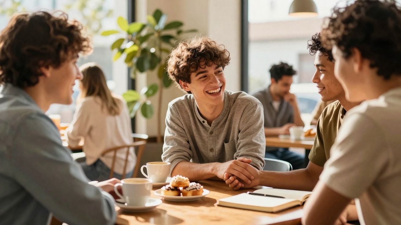 Jovens sentados à mesa de café, sorrindo e cumprimentando-se num ambiente luminoso e descontraído.