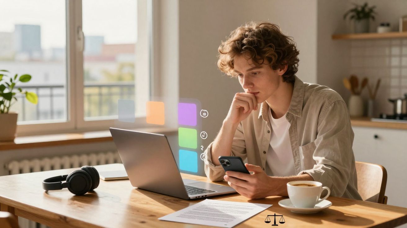 Jovem a trabalhar no portátil e a consultar o telemóvel numa mesa com café, em ambiente doméstico iluminado.