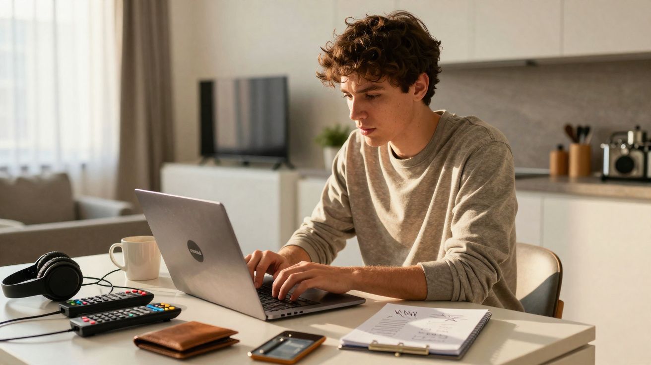 Jovem concentrado a trabalhar num portátil numa mesa com pauta, telemóvel, auscultadores e comandos.