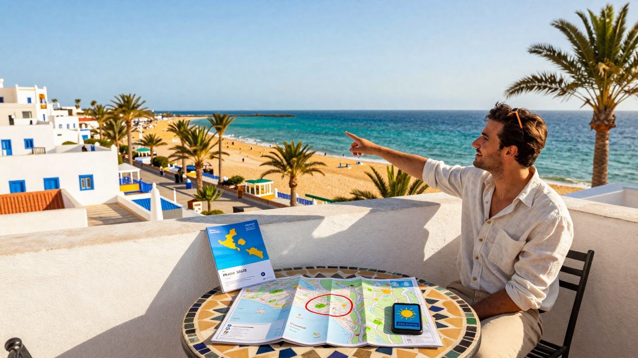 Homem sentado num terraço à beira-mar com mapas e smartphone, apontando para a praia e oceano.