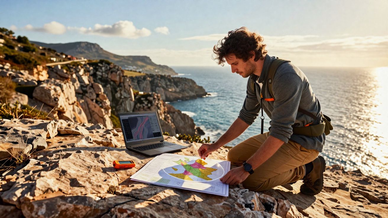 Homem a estudar mapas e dados num portátil junto a falésia costeira ao pôr do sol.