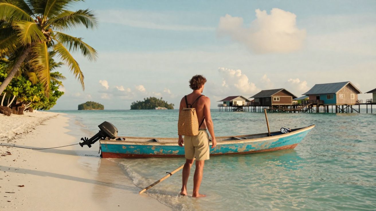 Homem de costas com mochila junto a barco na praia com palmeiras e casas sobre água ao fundo.