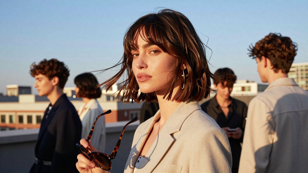 Mulher de cabelo curto e castanho claro com blazer bege, segurando óculos, com quatro pessoas desfocadas ao fundo.