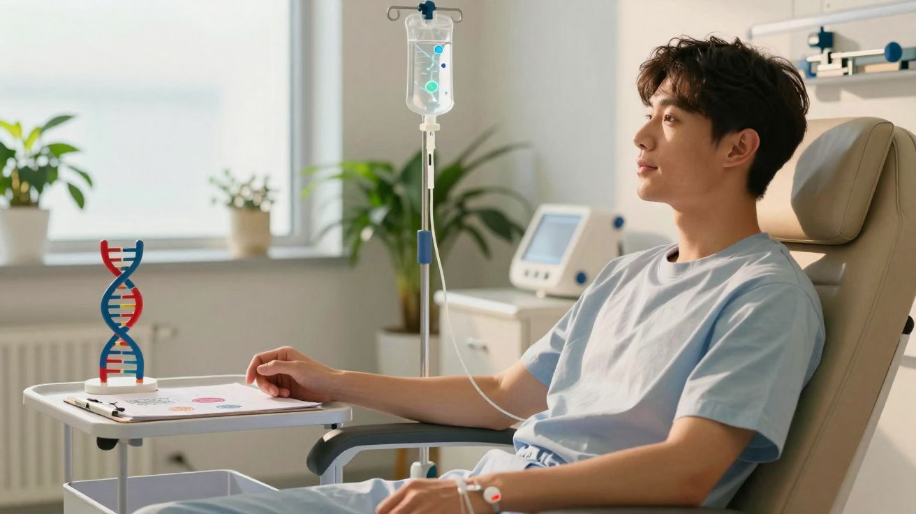 Homem sentado em cadeira de hospital a receber soro, com modelo de dupla hélice de ADN numa mesa ao lado.