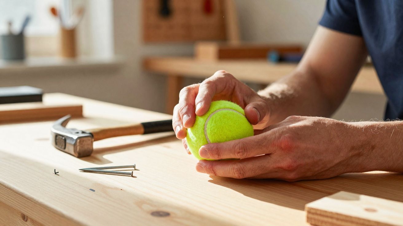Mãos a segurarem uma bola de ténis sobre uma bancada de madeira com martelo e pregos.