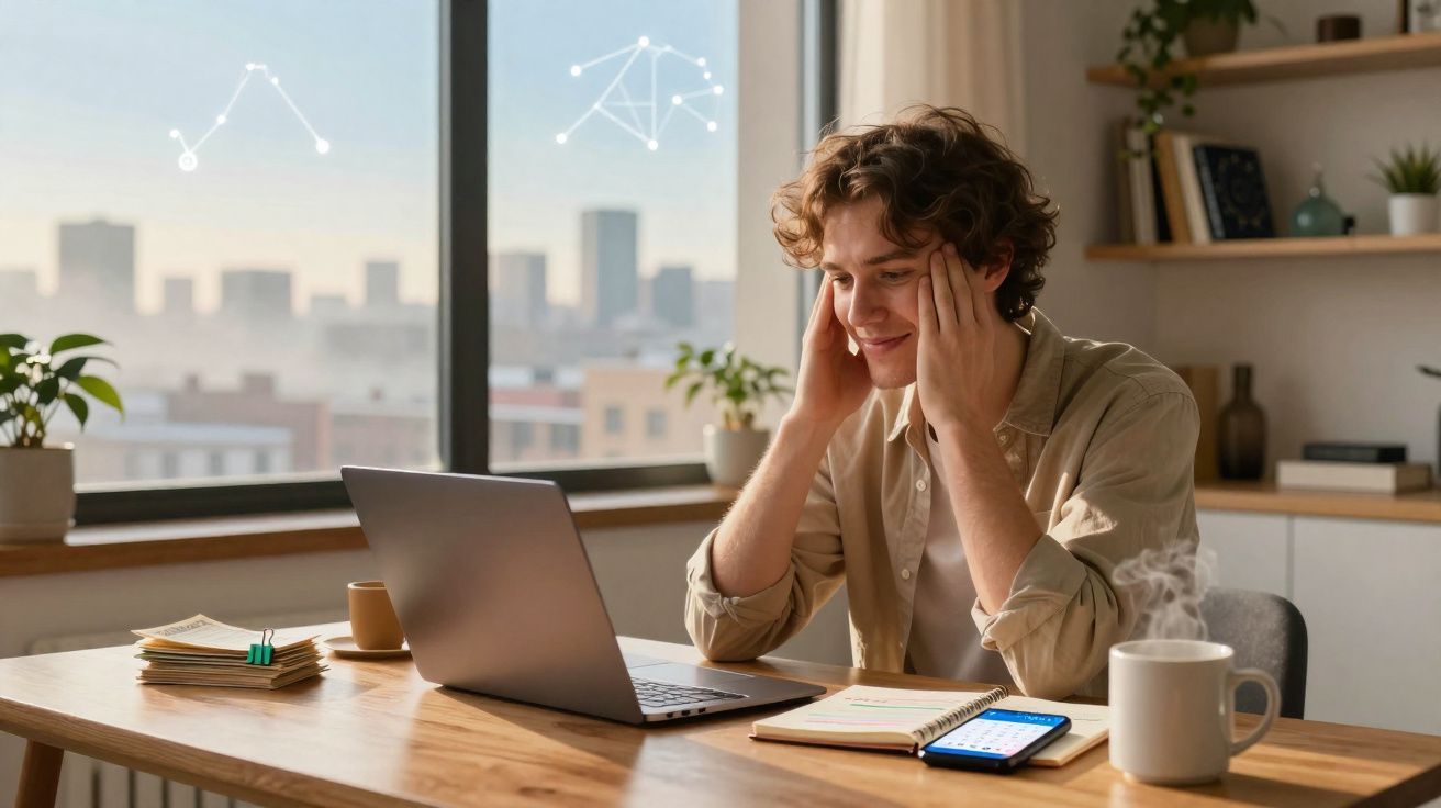 Jovem sentado à mesa a usar computador portátil, com caderno, telemóvel e chá quente numa sala iluminada.