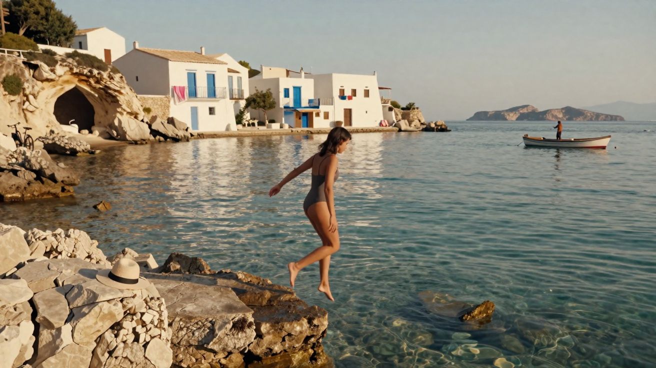 Menina a saltar de uma rocha para águas claras junto a casas brancas numa vila costeira tranquila.