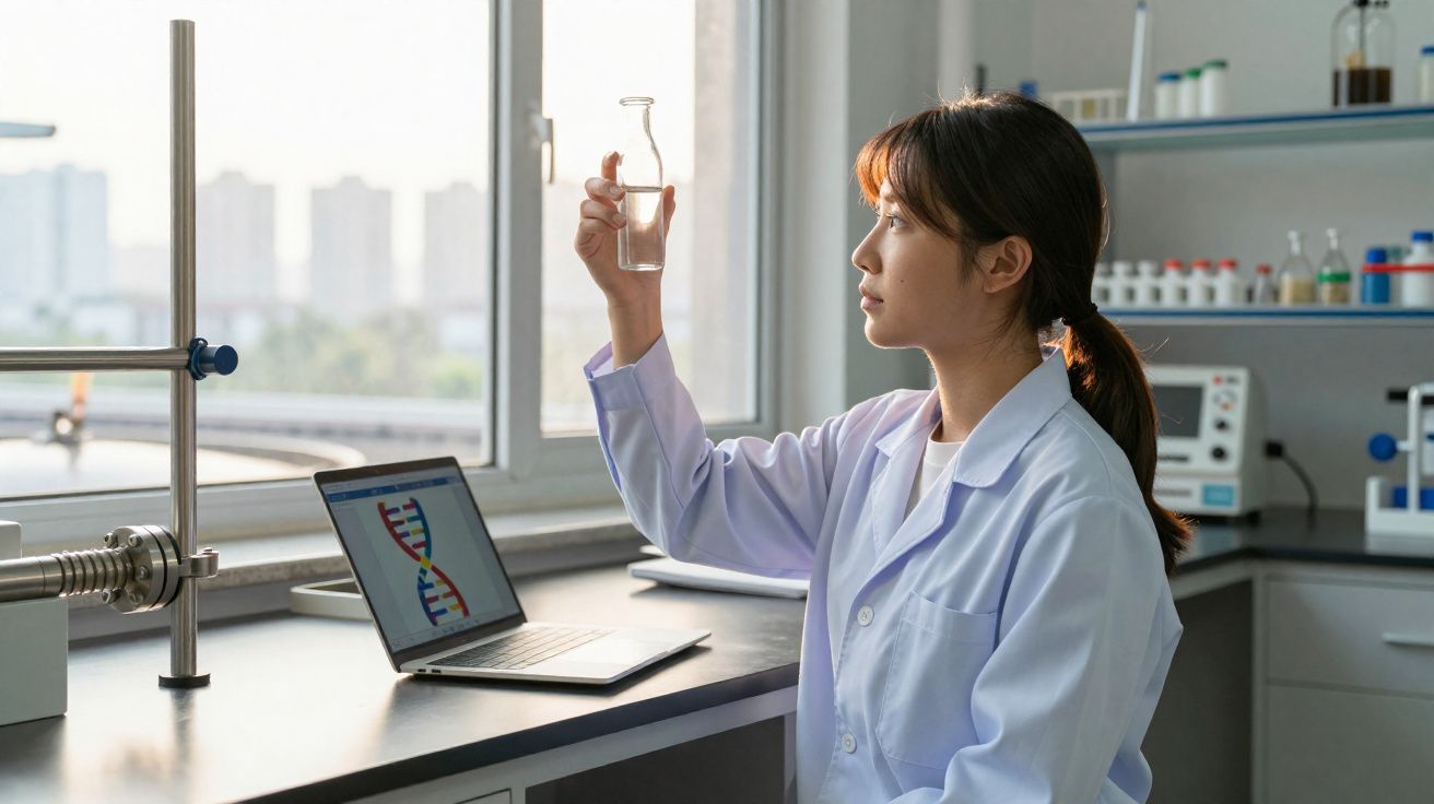 Cientista em bata branca analisa frasco com líquido transparente em laboratório moderno com computador.