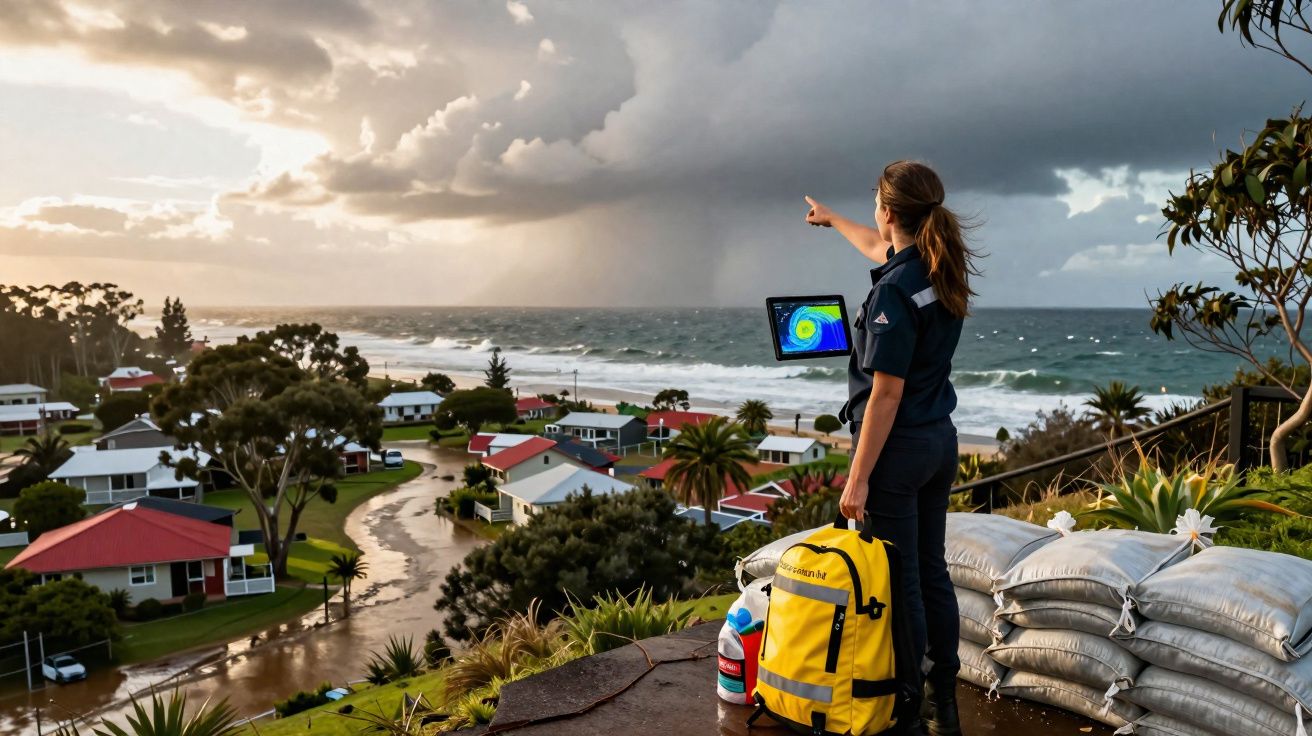 Mulher observa tempestade iminente com tablet, perto de casas costeiras e sacos de areia.