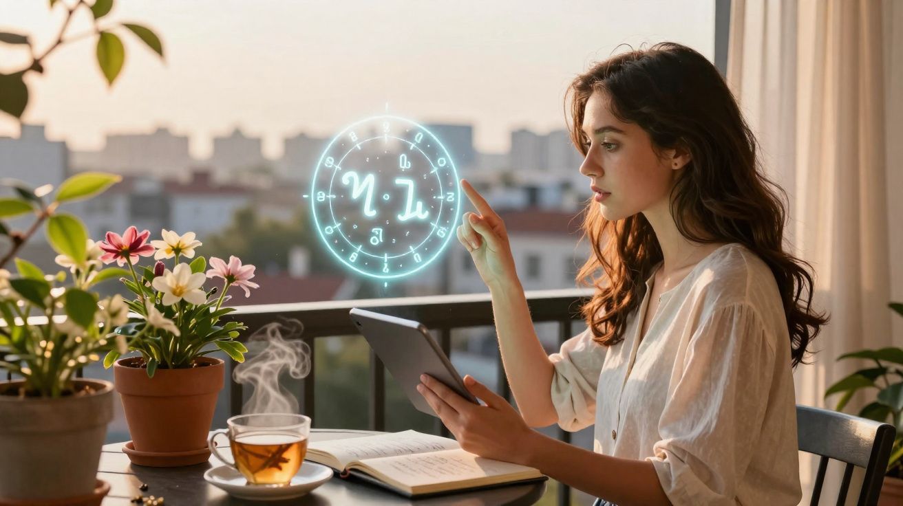Jovem sentada numa varanda a usar tablet, com símbolo de horóscopo holográfico à frente e chá quente na mesa.