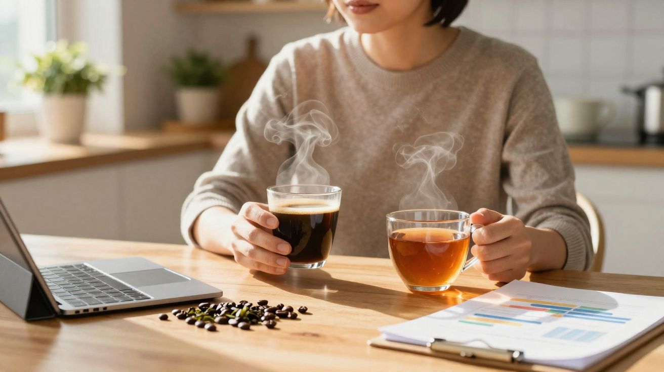 Mulher sentada à mesa com chá e café quentes, laptop e documentos de trabalho à sua frente.