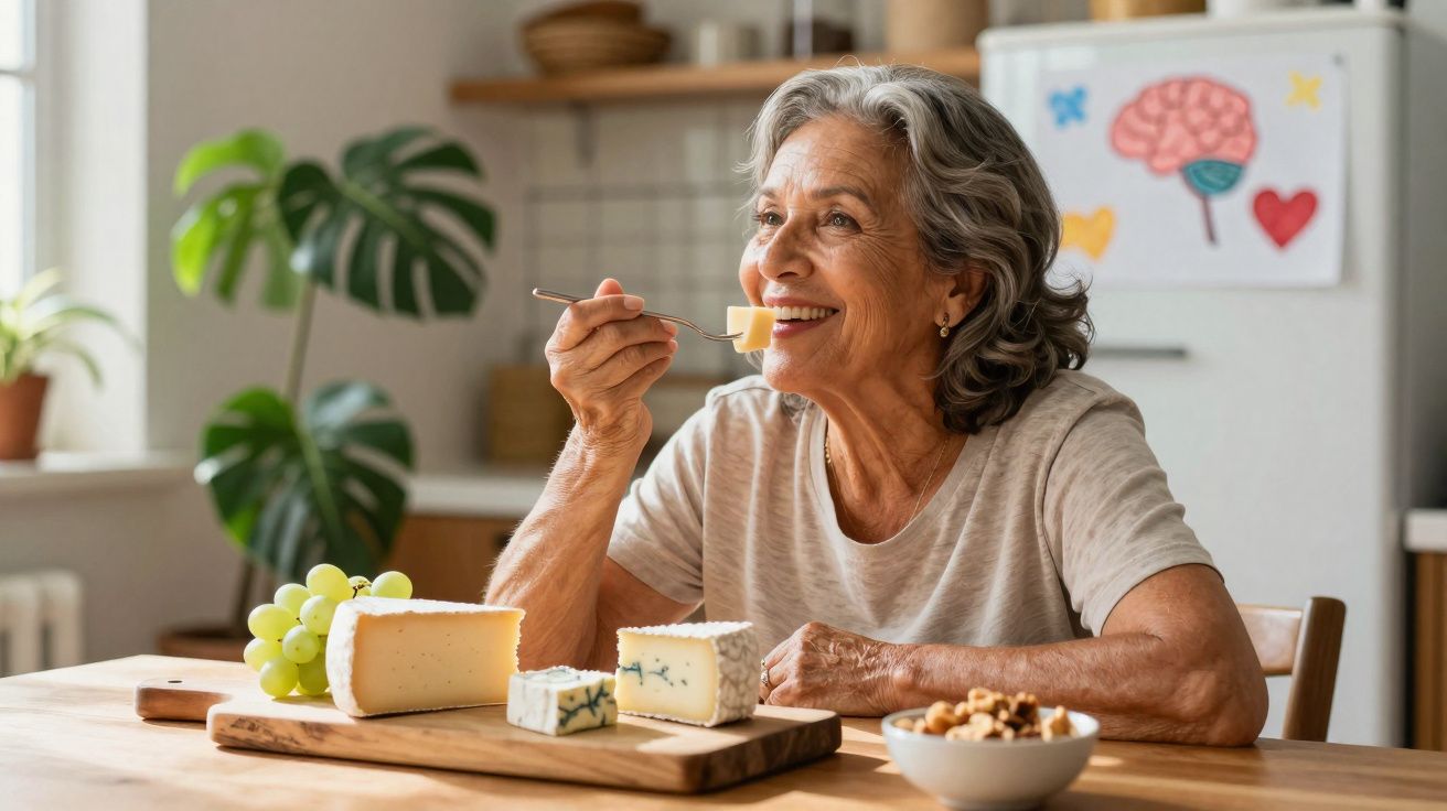 Mulher idosa sorridente a comer queijo numa cozinha, com tábua de queijos, uvas e frutos secos à sua frente.