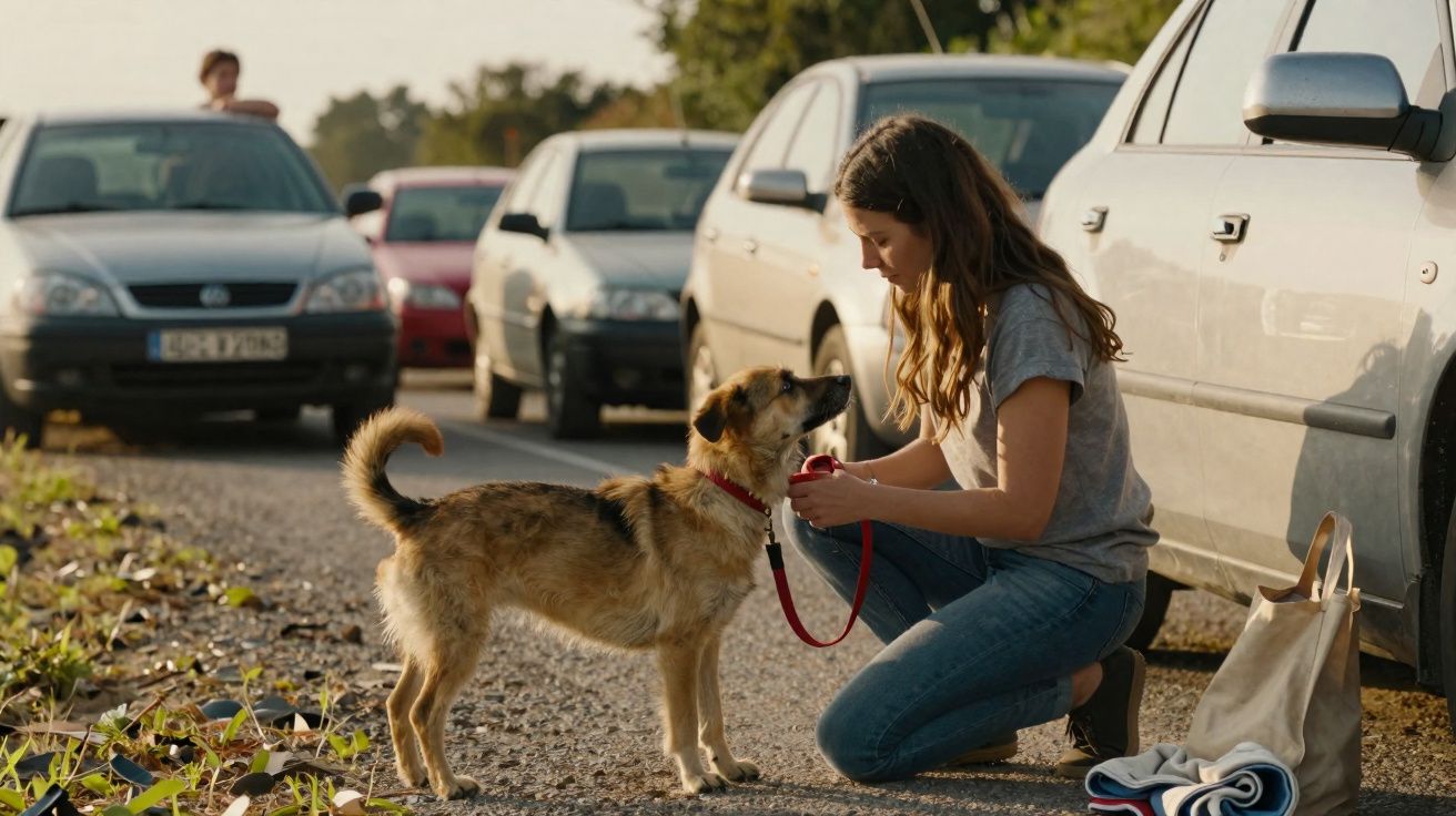 Jovem ajoelhada ao lado de cão preso à trela numa estrada com carros estacionados ao fundo.