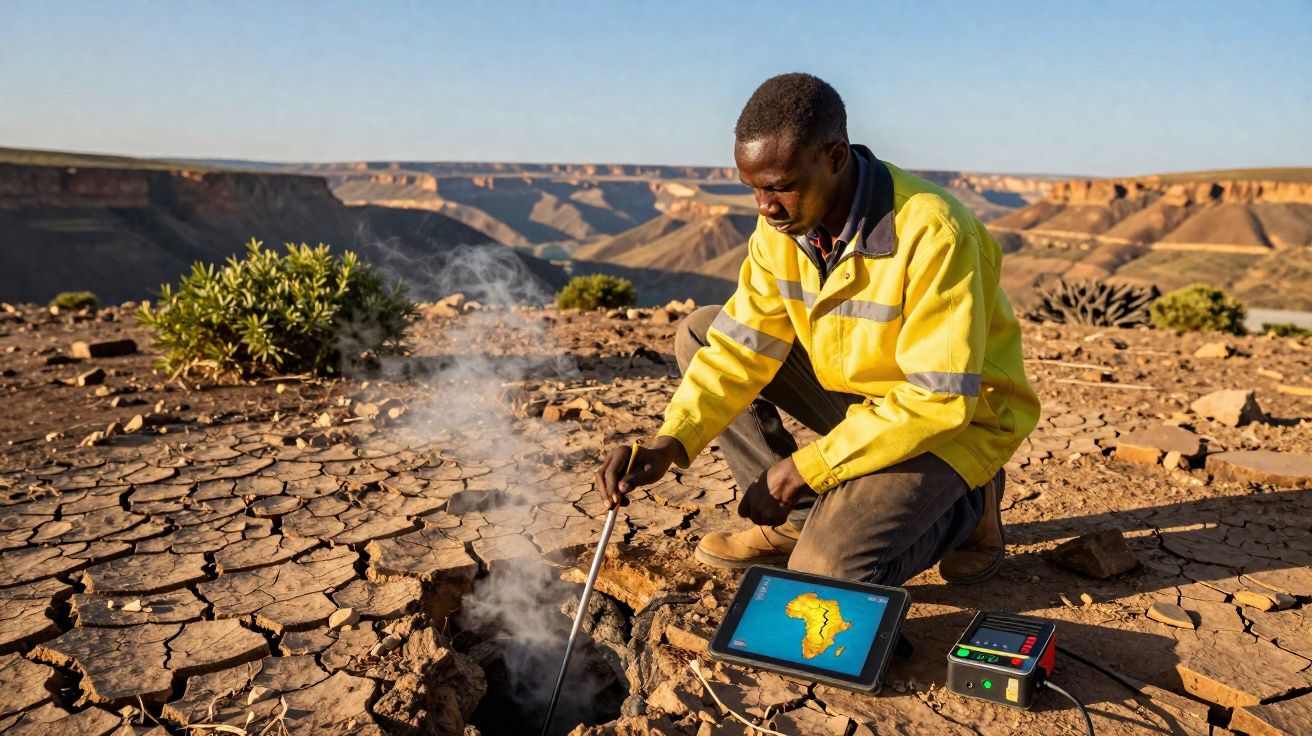 Homem com casaco amarelo analisa fendas no solo seco e rachado numa paisagem árida montanhosa.