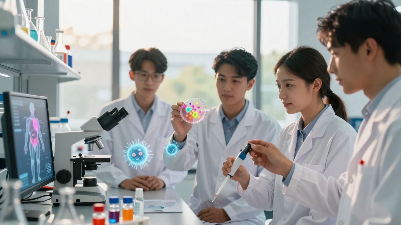 Grupo de jovens cientistas em laboratório a analisar petri e a manusear pipeta com vírus digitais.