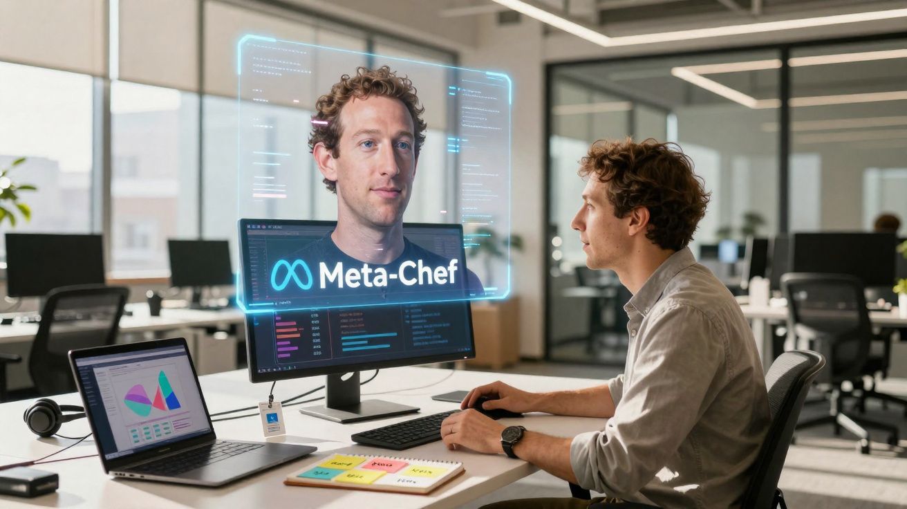 Homem sentado num escritório moderno a interagir com ecrã holográfico rotulado Meta-Chef no seu computador.