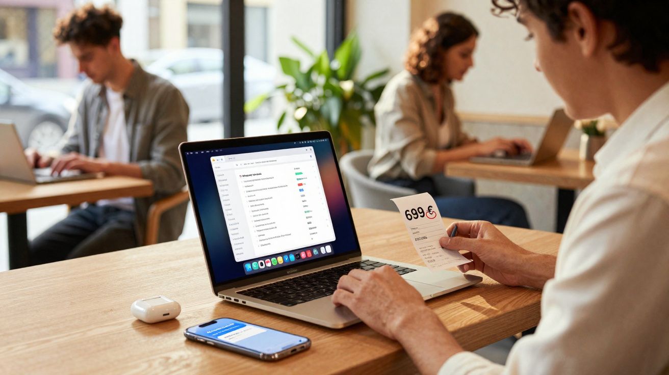 Pessoa a analisar fatura de 699€ num café, com computador portátil, smartphone e auriculares sobre a mesa.