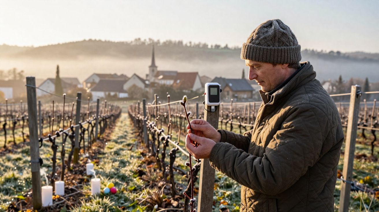 Homem com gorro e casaco inspeciona planta numa vinha ao amanhecer com aldeia e igreja ao fundo.