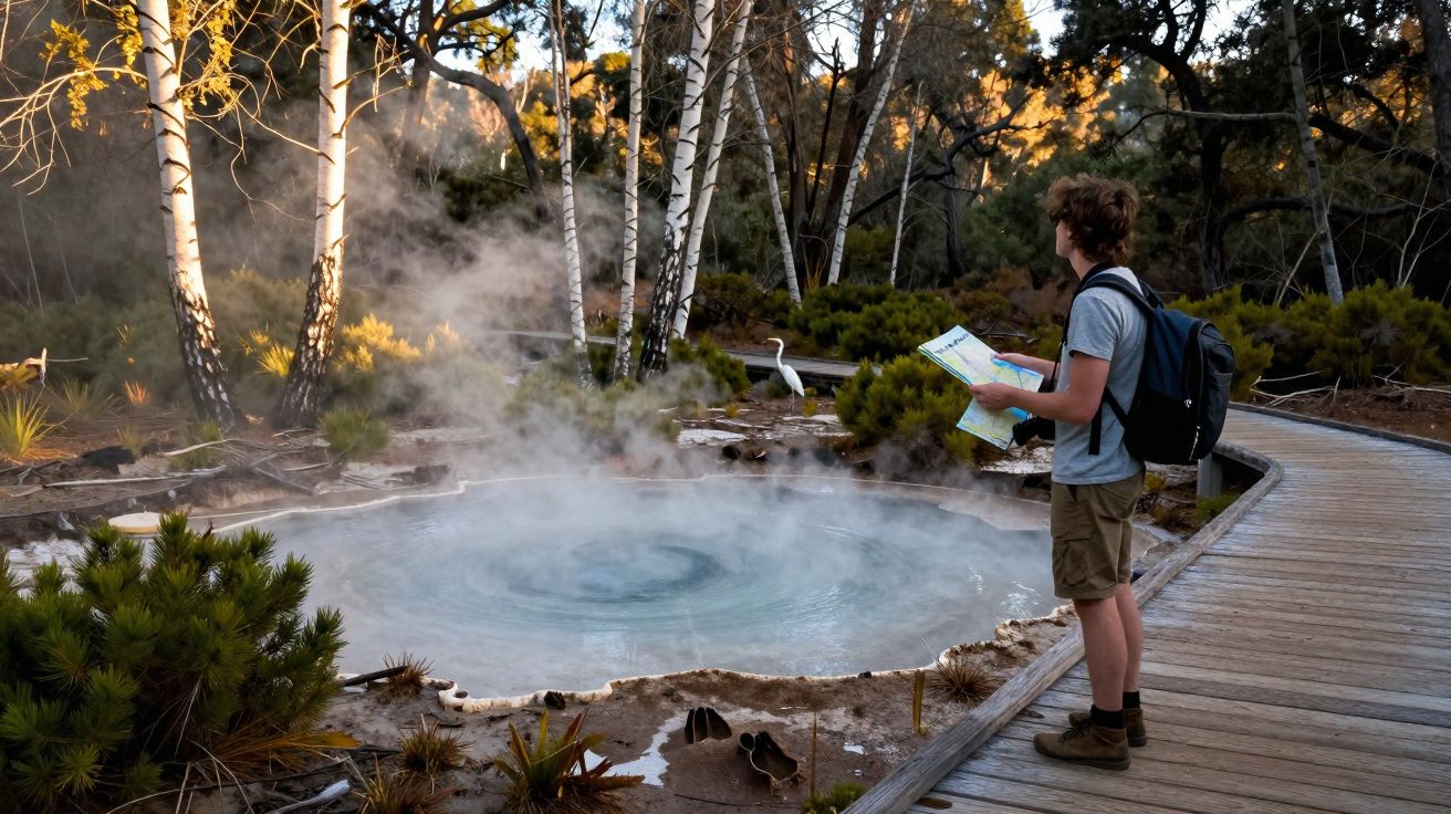 Jovem com mochila a consultar mapa junto a uma fonte termal a fumegar numa área florestal.